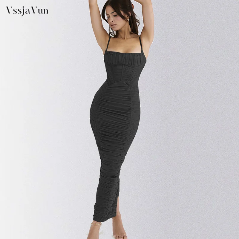

Vssjavun Elegant Corset Ruched Wrinkle Dress Women Long Dresses Fashion Spaghetti Strap Sleeveless Backless Zipper Dress Vestido