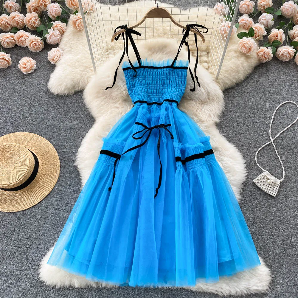 

Design sense niche heavy industry drawstring high waist suspender skirt first love waist loose pleated skirt sweet dress