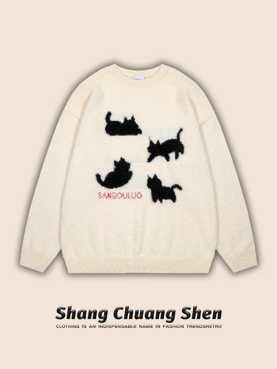 Американский винтажный жаккардовый свитер с рисунком котенка женский