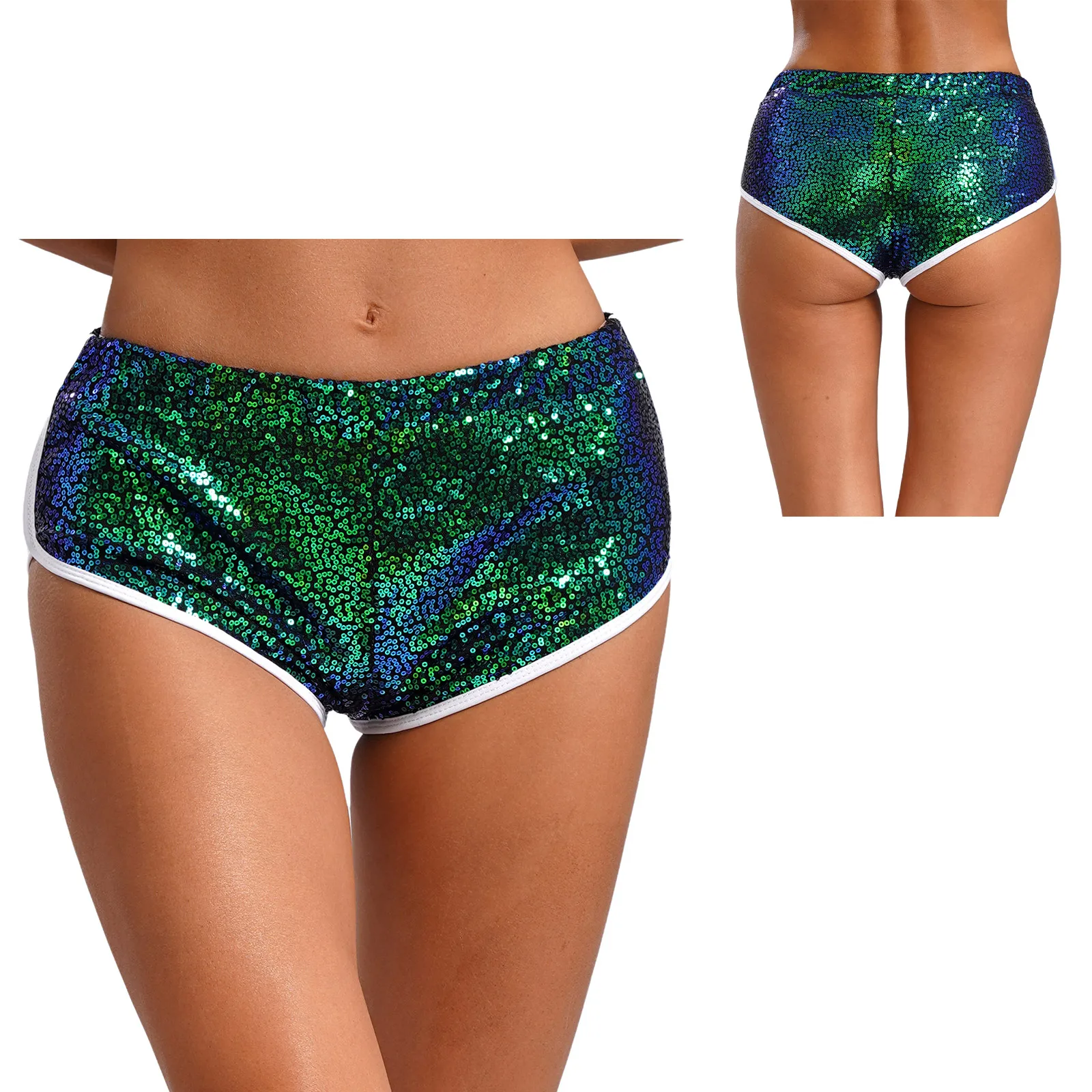 Womens Sparkly Sequin Low Rise Booty Shorts Elastic Waistband Fully Lined Cheeky Hot Pants Fancy Dancing Show Daily Chic.