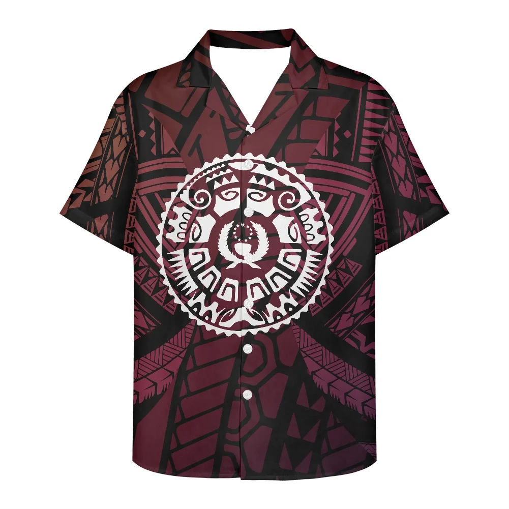 

HYCOOL Pohnpei Island Mens Shirt Button Up Summer Loose Fit Polynesian Tribal Print Burgundy Shirts For Men Samoan Wedding Party