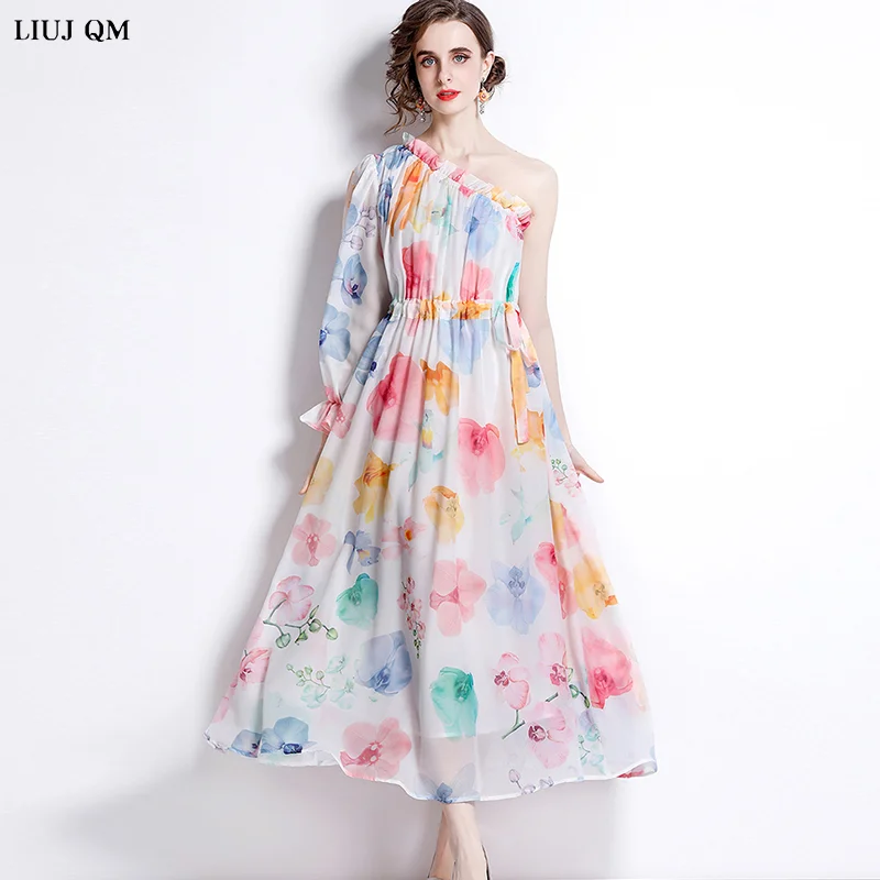 

Summer Fashion Chiffon Dresses For Women Long Print Casua Dresses Sexy Strapless Beach Dress Ladies Elegant Sundress 2022