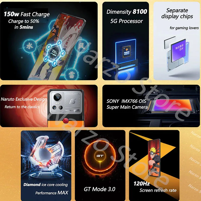 Cena Realme GT Neo 3 5G Naruto Limited 150W Dimensity 8100 5G Smartphone 6.7 ''wyświetlacz AMOLED 50MP AI Potrójne Kamery 4500mAh Bateria
