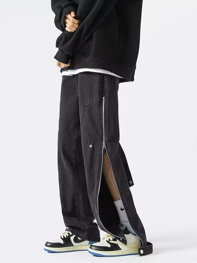 Side Zipper Open Design Men's Loose Denim Trousers Retro Straight Street Loose Wide Leg Split Trousers Designer Jeans Pants Men