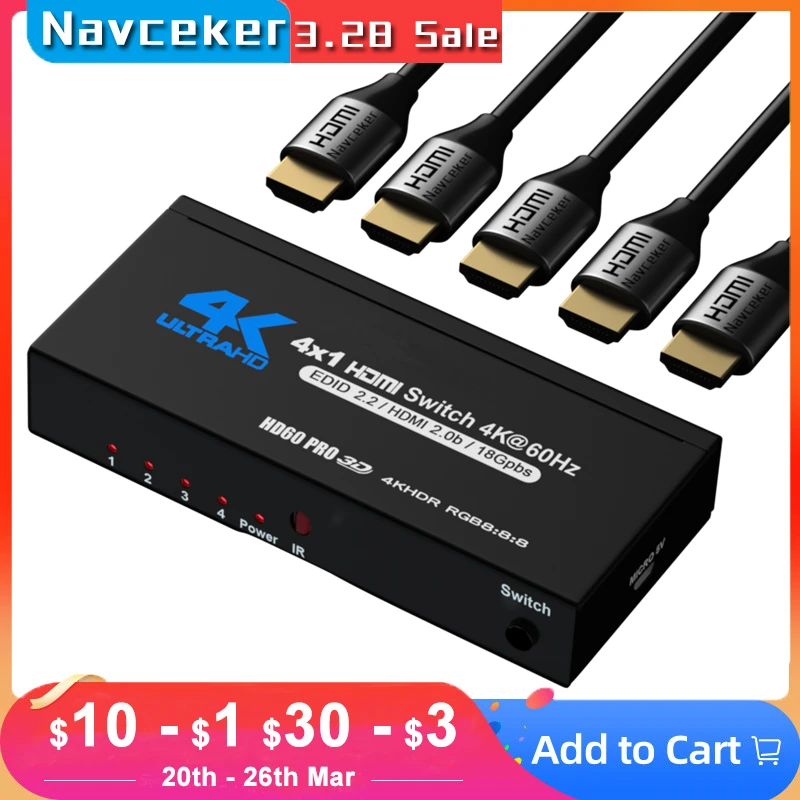 2023 Best 4K HDMI Switch 2.0 Support RGB 4:4:4 HDR HDMI Switch 4K 60Hz HDMI 2.0 Switch Remote IR UHD 4 Port HDMI Switch Switcher