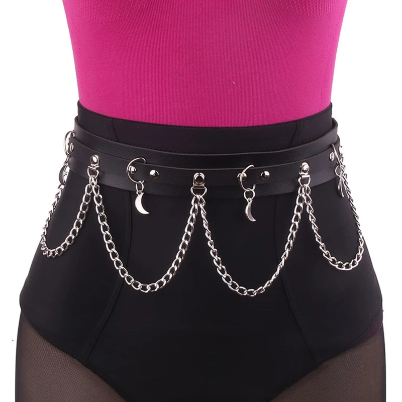 

Punk Waist Belly Belt for Women Alloy & PU Leather Waist Belt with Moon Decor