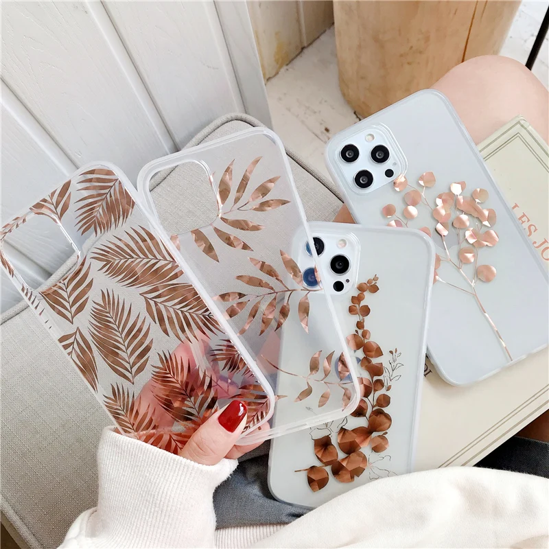 

Vintage Gold Foil Phone Case For iPhone 11 Pro Max 7 8 Plus 12 Pro Mini XS Max X XR XS Max SE 2020 Clear Leaf Fundas Back Cover
