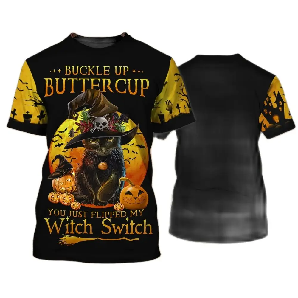 Летняя мужская футболка на Хэллоуин с милым рисунком Джек-о фонариком котом