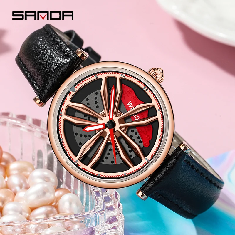 SANDA Women Sports Racing Watch Waterproof Wear Resistant Rose Gold Case Fashion Red Brake Caliper Watch For Women Quartz Watch