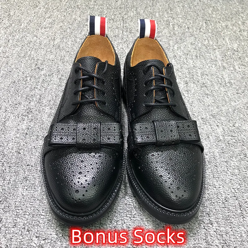 TB THOM Shoes Butterfly-knot Brogue Sneakers Black Pebble Grain Women's Classic Retro Longwing Lace-Up Oxford Leahter TB Shoes
