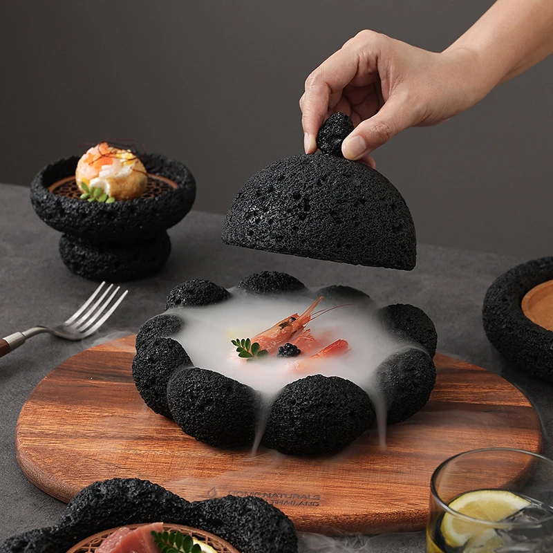 

Sashimi Plate Japanese Style Coal Ball Volcano Stone Artistic Dish Hotel Creative Tableware Black Sushi Salmon Tray Food Display
