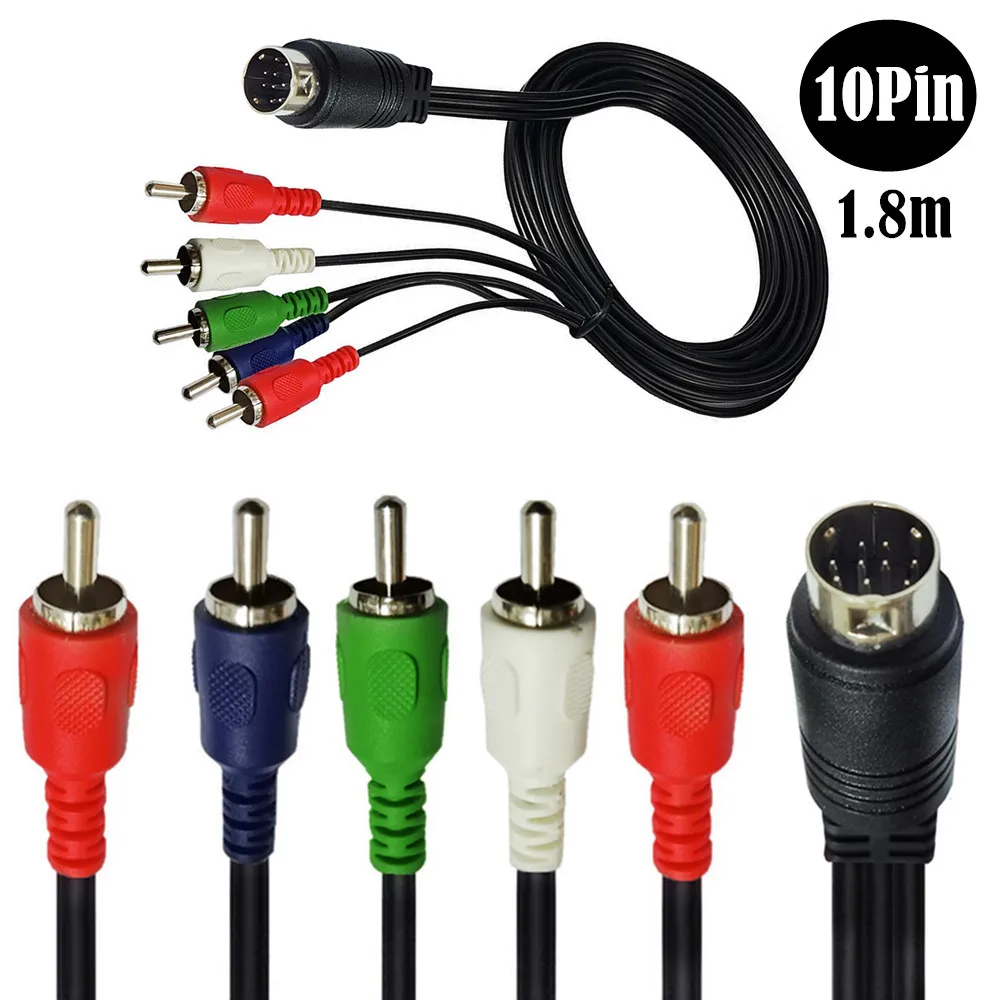 10 Pin Audio and Video DIN Cable  S-Video 10Pin to 5RCA Male Cable - RGB Component and Composite  1.8m