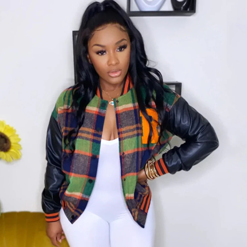 

Casual Stripes Pu Leather Patchwork Letters Street Baseball jacket For Women Winter Long Sleeve Top Female Grid Coats Wholesale
