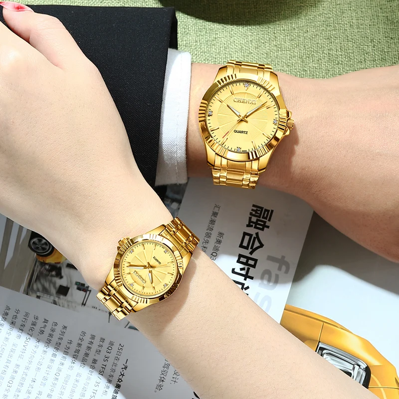 Gold Couple Watch Gift CHENXI Top Brand Luxury Golden Mens Watches Stainless Steel Business Casual Women Watch Free Shipping