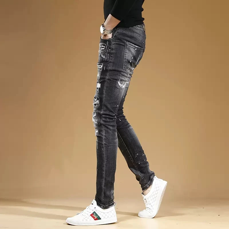 Autumn Black Ripped Jeans Men Fashion Dots Printed Slim Fit Pencil Pants Streetwear Casual Scratched Denim Trousers