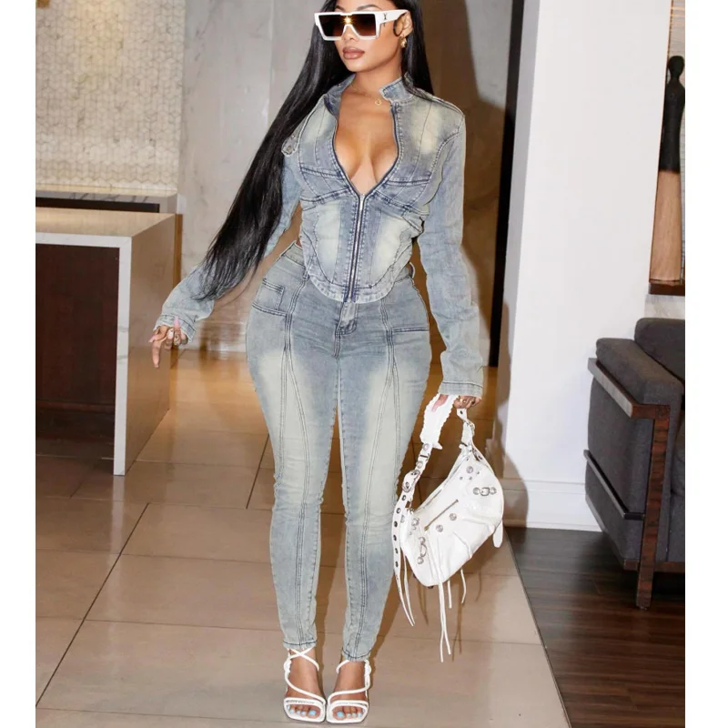 Элегантный модный джинсовый женский комплект куртка с длинными рукавами и