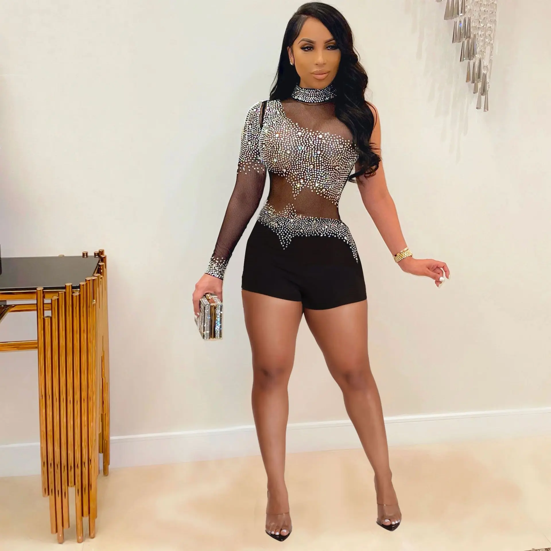 

Комбинезон женский сетчатый на одно плечо, пикантный элегантный однотонный облегающий ромпер с блестками, модная уличная одежда для вечеве...