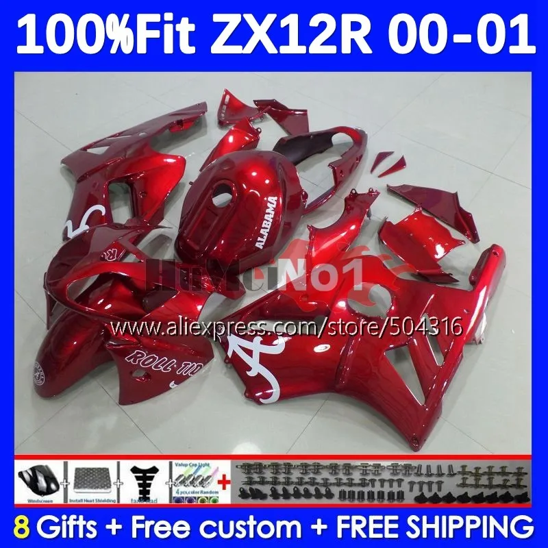 

OEM Body For KAWASAKI NINJA ZX-12R ZX 12R 12 R 1200 77MC.27 ZX1200 1200CC ZX12R 00 01 2000 2001 Injection Fairings metal red blk