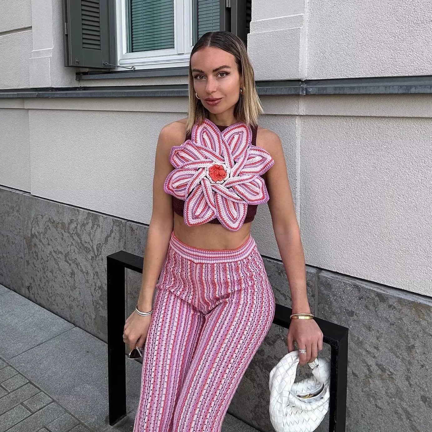 Women's 2023 Spring/Summer New Y2K Street Fashion Spicy Girl Knitted Handmade Flower Hollow Vest+High Waist Pants Set