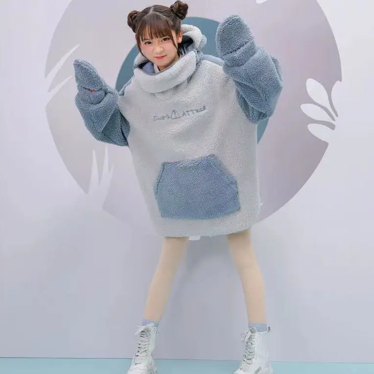 MINGLIUSILI Kawaii Shark Shape Hoodie for Women Cute and Funny Coat Korean Fashion Loose All-match Oversized Thicken Hoodie