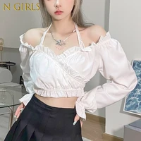 n girls france elegant female blouse autumn white lace sweet casual party blouse women long sleeve korean fashion designer