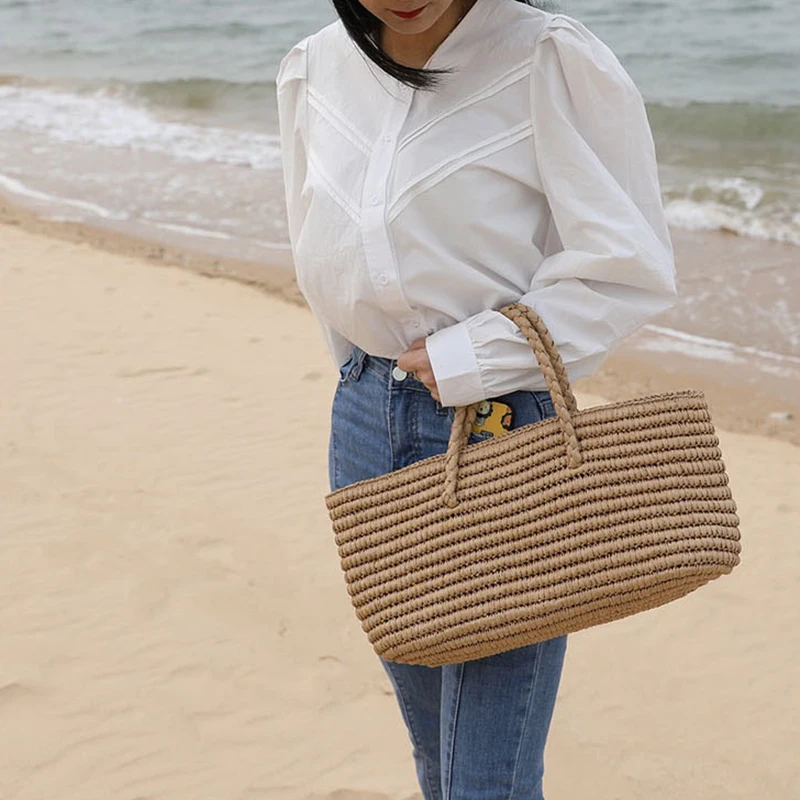 Large Size Girls Casual Tote Bag Fashion Summer Holiday Straw Beach Handbags Trendy Shoulder Sea Bag For Female