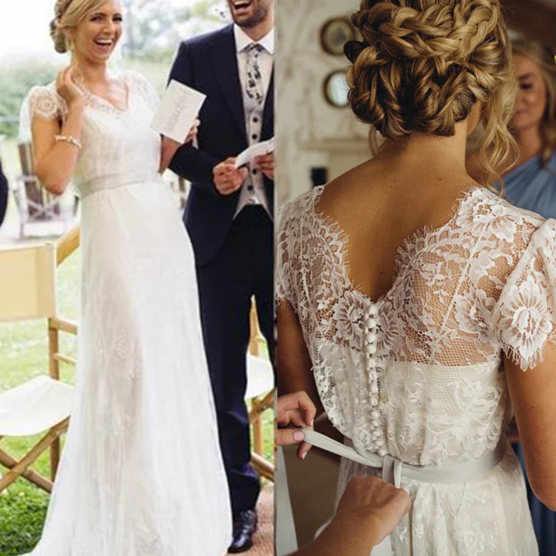 

Boho Lace V-Neck Beach Wedding Dress Cap Sleeves A Line Romantic Buttons Garden Bridal Gowns Long Bride Dressing Gown Платье