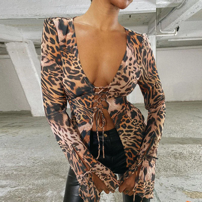 

HEZIOWYUN Women Trendy Long Sleeve Tops Leopard Print Deep V Neck Flared Cuff Front Tie Slit Blouse for Ladies