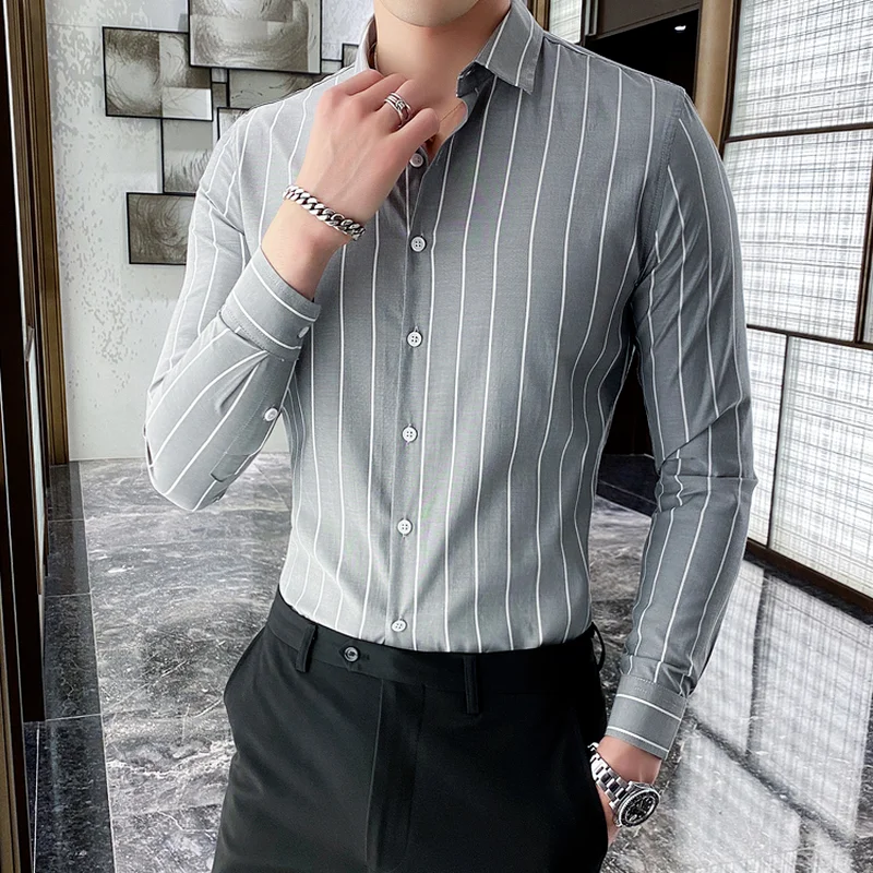 

Shirts for Men New Stretch Slim High Quality Youth Brand Fashion Casual Men's Clothing Long-sleeved Striped Formal Shirt Top