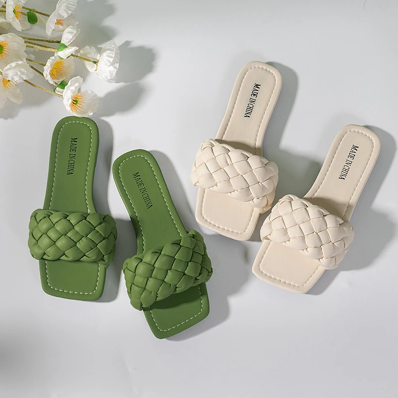 Summer Slippers For Women Weave Flat Beach Slippers Women Flip Flops 2023 New Trend Green Beige Soft Non-Slip Outdoor Shoes