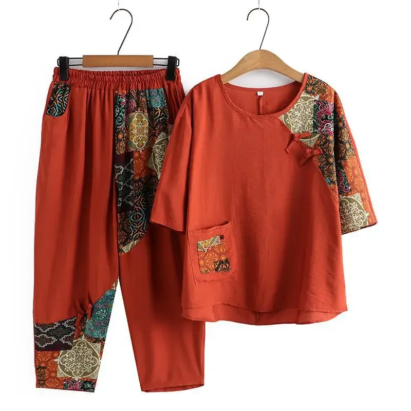 Stylish Large-size Loose-fit Summer Suit For Middle-aged Elderly Women Fashionable Age-reducing Vintage Casual 2-piece Set