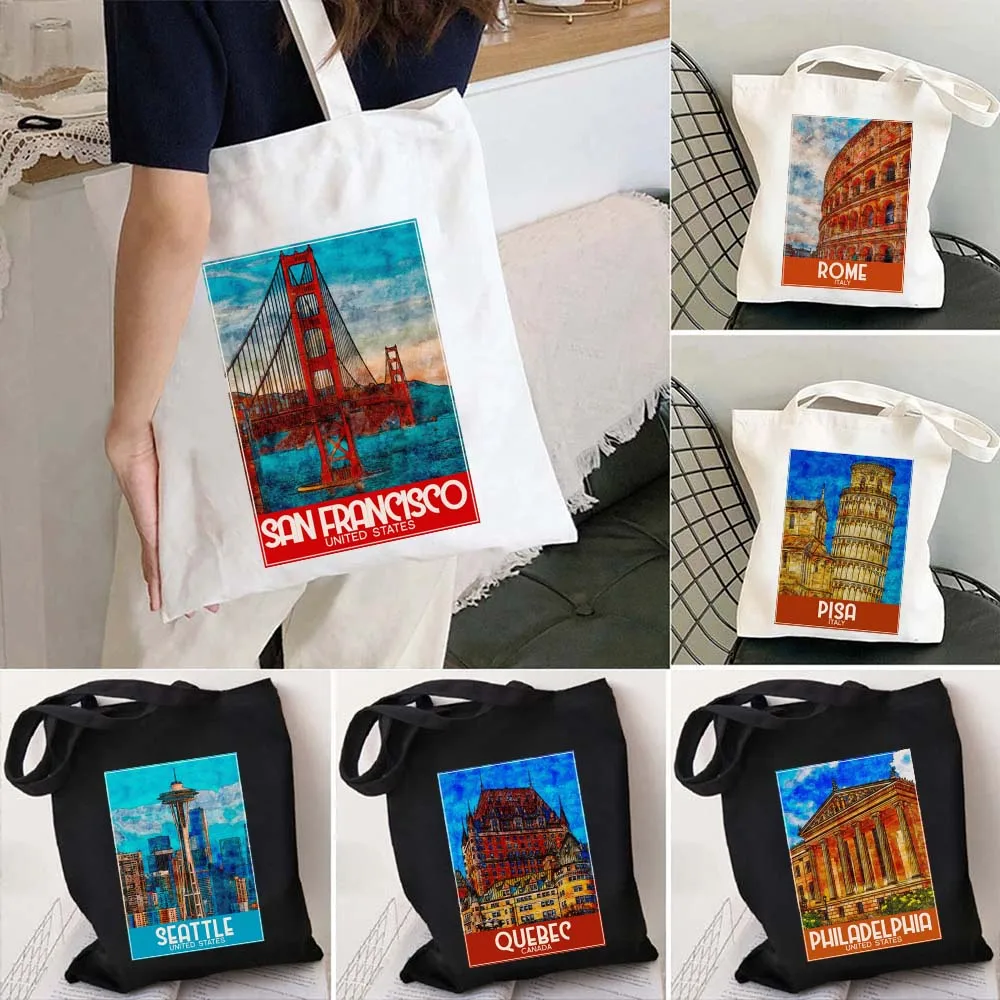 Сумка-тоут из Сиэтла, Сан-Франциско, Пиза, Порто, Портофино, познаньнань, Квебек, Рим, Филадельфия, риомолод, ручная роспись, сумка