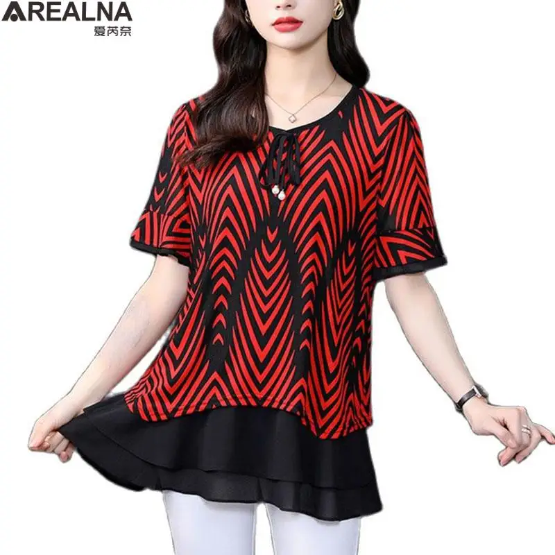

Blusas mujer de moda 2022 summer short Sleeve Chiffon Blouse Women stripe ruffle splice Office Work Shirts Vintage blouses femme