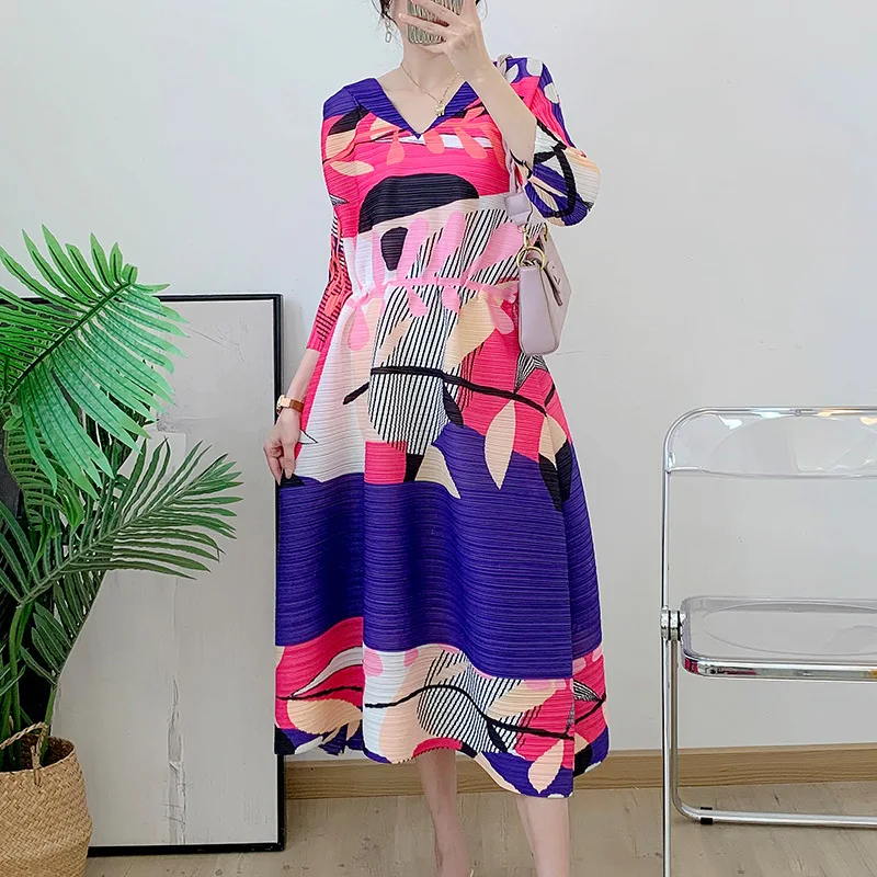 

Pleated Drawstring Skirt Summer New Women's Printed Contrast Color a Version Loose Temperament Mid-Length Dress [Ys23022]
