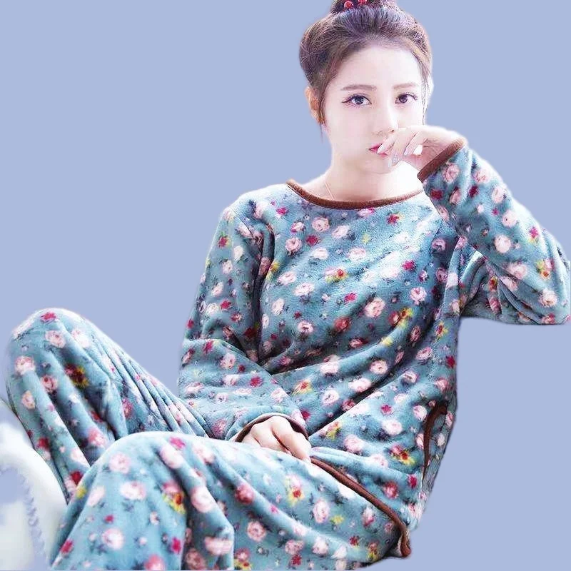 Women's Cozy Pajamas Set Flannel Pyjamas Cute Cartoon Print Homewear Full-Sleeve Long Pants 2Piece/Set Winter Sleepwear