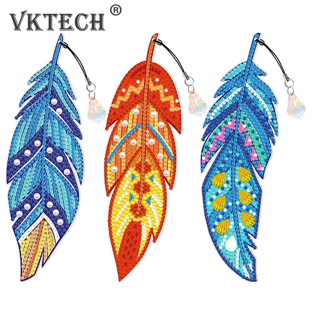 

6pcs Diamonds Painting Bookmarks Beginner Arts Crafts 5D Book Ornament Special Shaped Drill DIY Feather Shape for Adults Kids