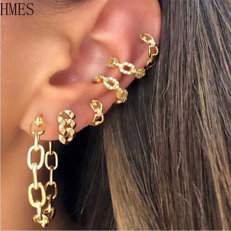 

HMES Bright Gold Color Exaggerated Metal Chain Drop Earring Set Punk Vintage Earring Jewelry Party Hip Hop Gift 2022 New