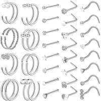 40 PCS 20G Stainless Steel Nose Rings Screw Stud Ear Lip Ring Clean CZ I L Shaped Bar Nostril Piercing Jewelry Gift Women Men