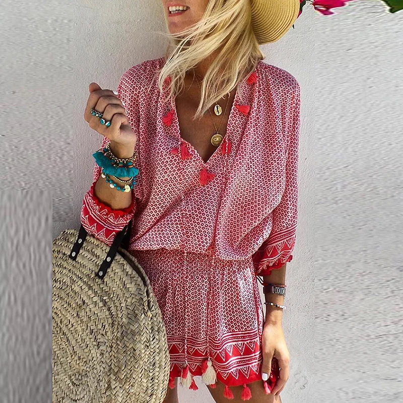 

Casual Geometric Pattern Print Waist Mini Dress Spring Sexy V-neck 3/4 Sleeve A-line Dress Chic Tassels Loose Women Boho Dress