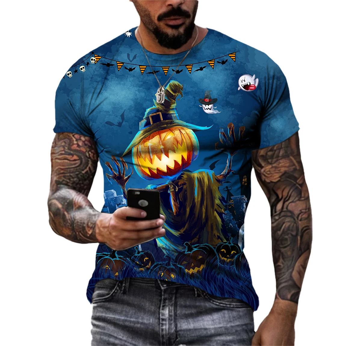 

Halloween Carnival Skull Pumpkin Funny Men T-shirts HD 3D Print Hip Hop Personality Round Neck Tees Leisure Short Sleeve Top