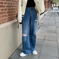 new spring fashion blue women jeans vintage ripped denim trousers femme y2k casual wide leg straight pants mujer