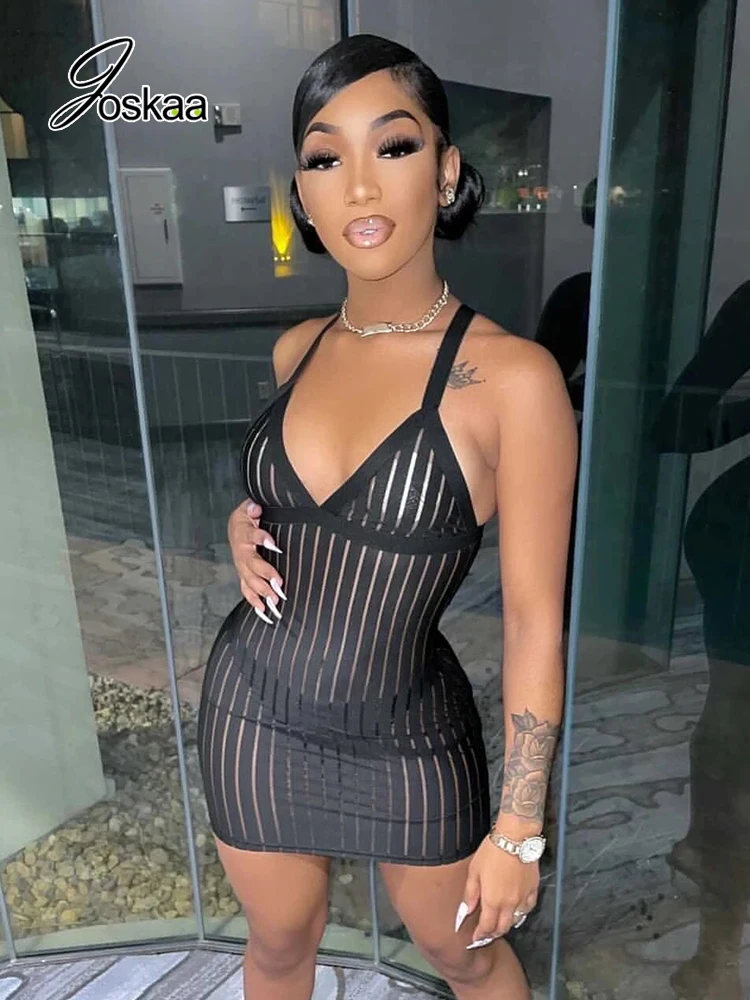 

Женское Сетчатое Прозрачное платье Joskaa, черное платье без рукавов с v-образным вырезом, лето 2022, одежда для ночного клуба, сексуальное облегающее мини-платье с открытой спиной