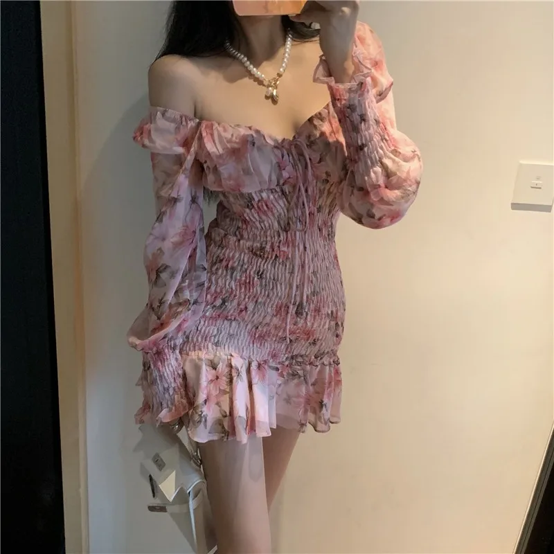 

Women Square Collar Floral Print Long Sleeve Slim Waist Dress New 2021 Spring Off Shoulder High Waist Chiffon Ruffles Dresses