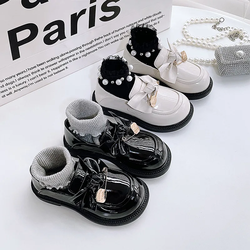 

Girls Shoe Versatile Leather 2022 Spring New Retro Korean Style with Bow Soft Kids Fashion Loafers for School Casual Flat Glossy