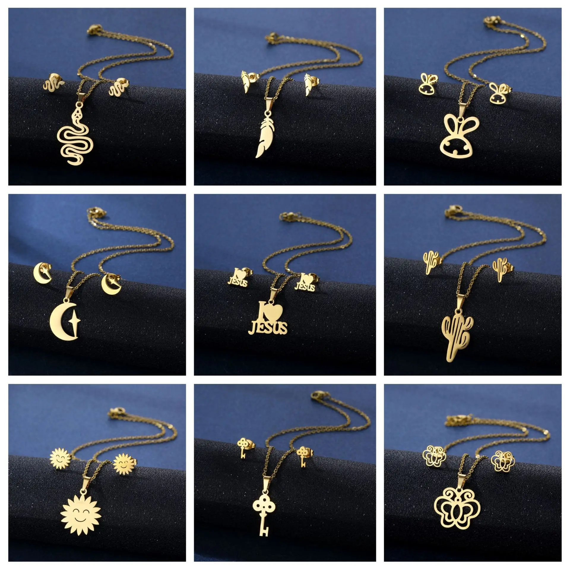 

European and American snake cactus flower pendant stainless steel necklace earrings set