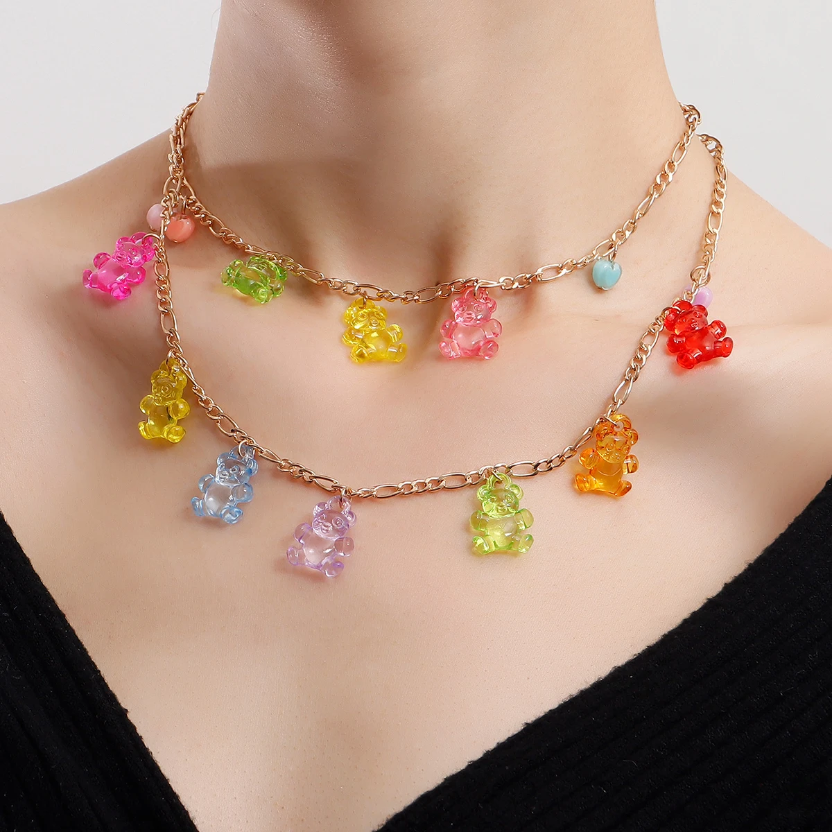

Fashion Trend Double Layer Colorful Transparent Bear Love Pendant Necklace Female Niche Design Sense Pendant Jewelry Wholesale