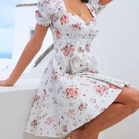 women casual sweet floral printing dress sexy square collar backless puff sleeve mini dress high 2021 summer waist boho dresses