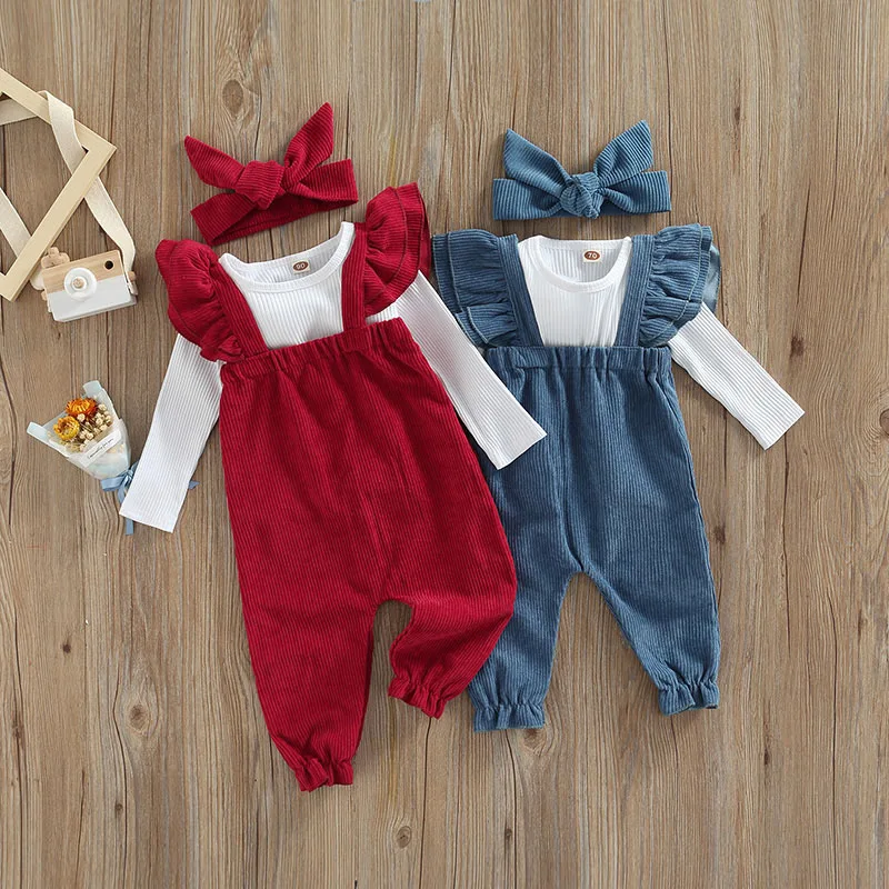 

Baby's Clothes Jumpsuit Set Ribbed Long Sleeve Crew Neck Tops Flying Sleeve Sling Kids Romper Hairband Children's Clothing Set