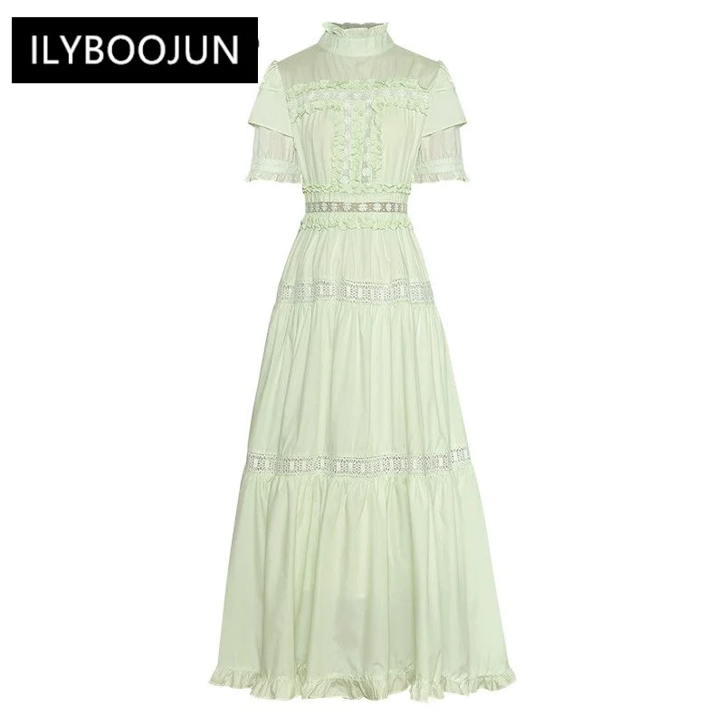 

Женское винтажное длинное платье-трапеция, дизайнерское однотонное платье принцессы с воротником-стойкой, оборками и вырезами, лето