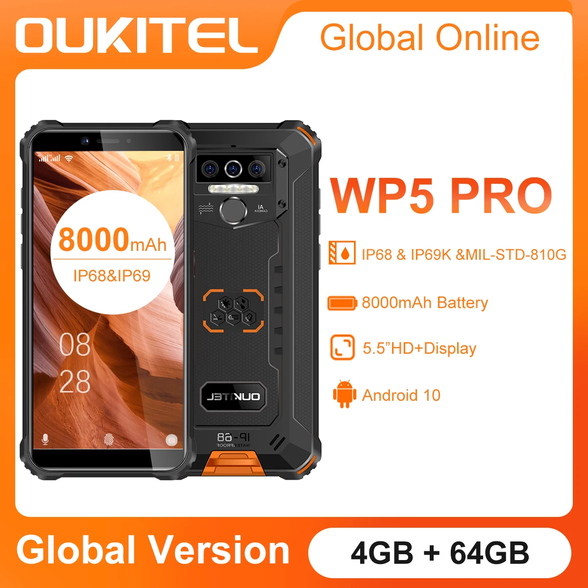 OUKITEL WP5 Pro IP68 Waterproof Smartphone 8000mAh Android 10 Triple Camera Face/Fingerprint ID 5.5 Inches 4GB 64GB Mobile Phone